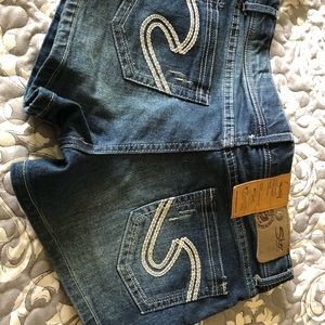 Women’s Silver denim shorts.